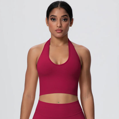 Women Backless Halter Sports Bra Naked Feel Yoga Gym Workout Crop Top