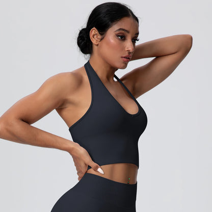Women Backless Halter Sports Bra Naked Feel Yoga Gym Workout Crop Top