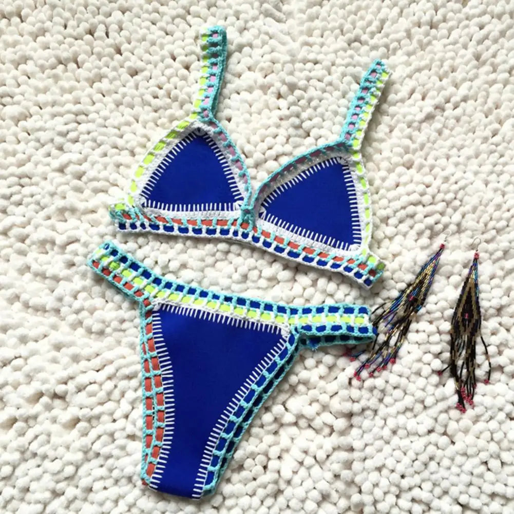 Women Bright Patchwork Crochet Bikini Set Handmade 2 Piece Summer Swimwear