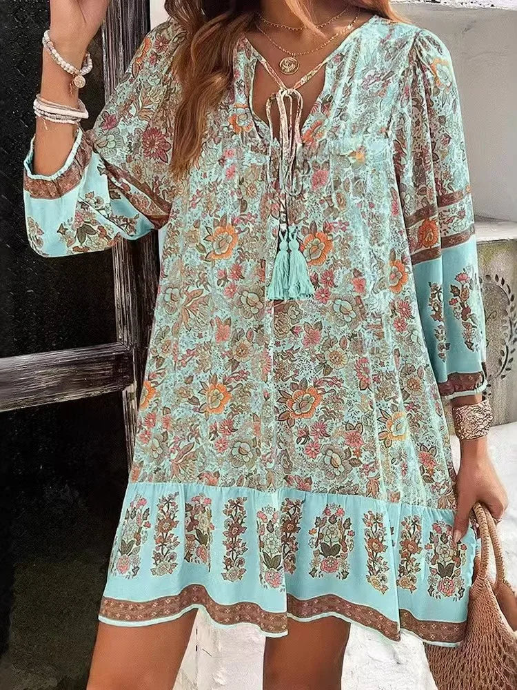 Casual Print Loose Dress – Effortless Vintage Boho Style