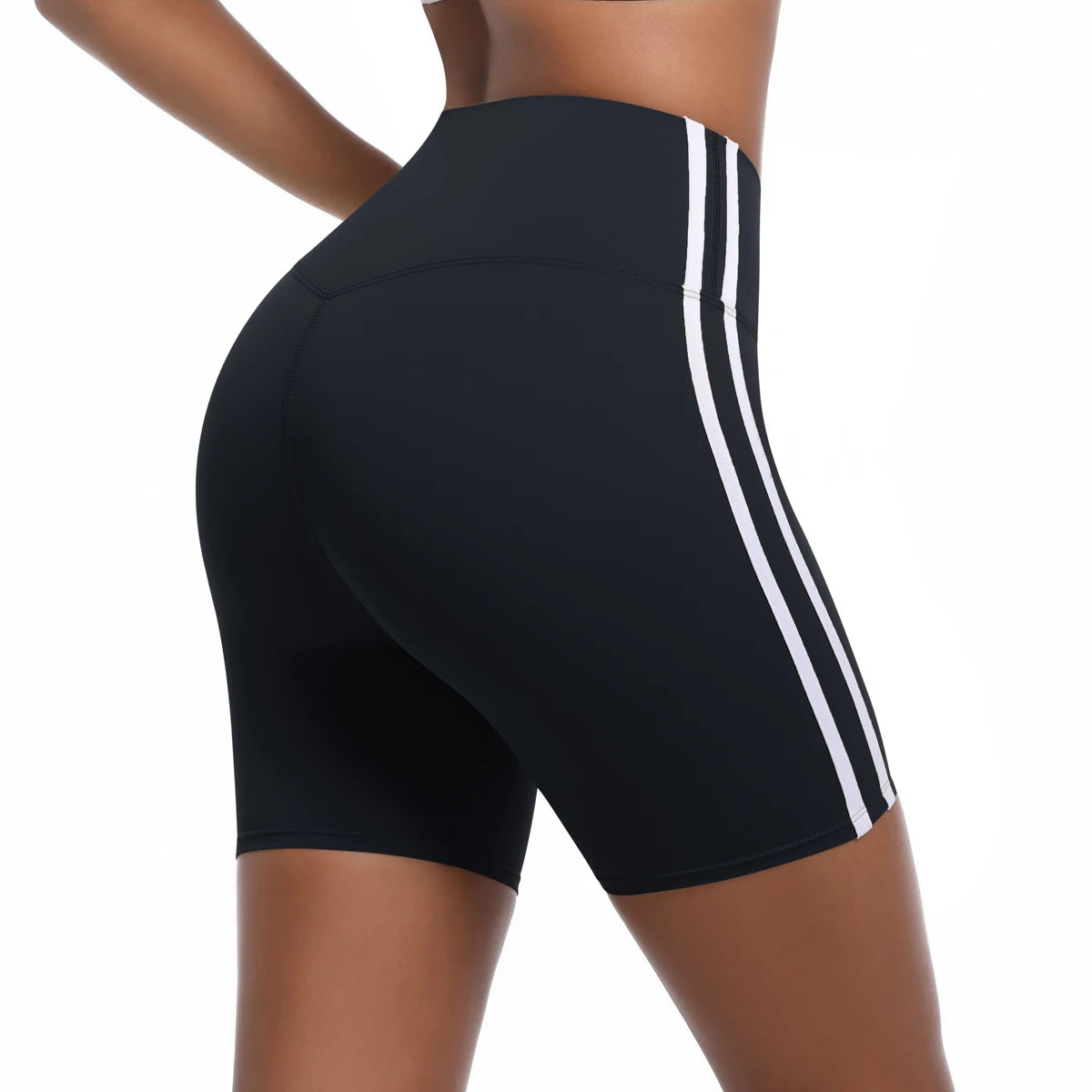 Women High Waist Yoga Shorts Double Stripe Gym Fitness Tummy Control Pants