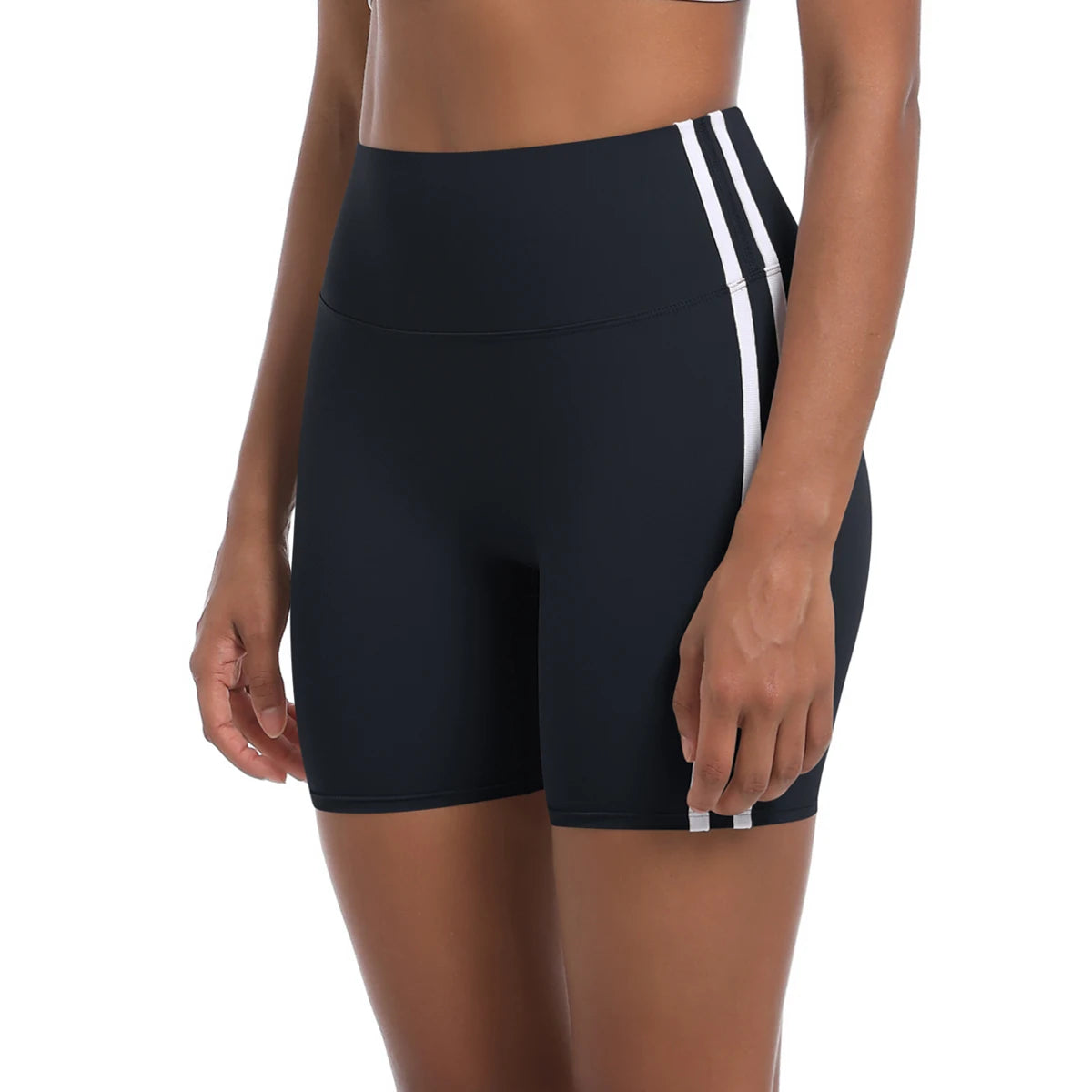 Women High Waist Yoga Shorts Double Stripe Gym Fitness Tummy Control Pants