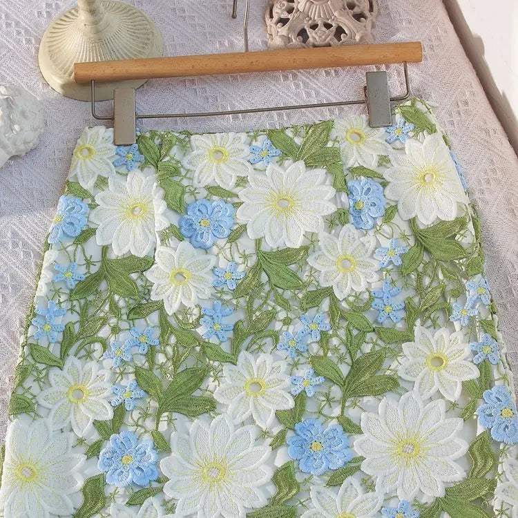 Women’s Crochet Lace High Waist Skirt Floral Embroidered Summer Skirt