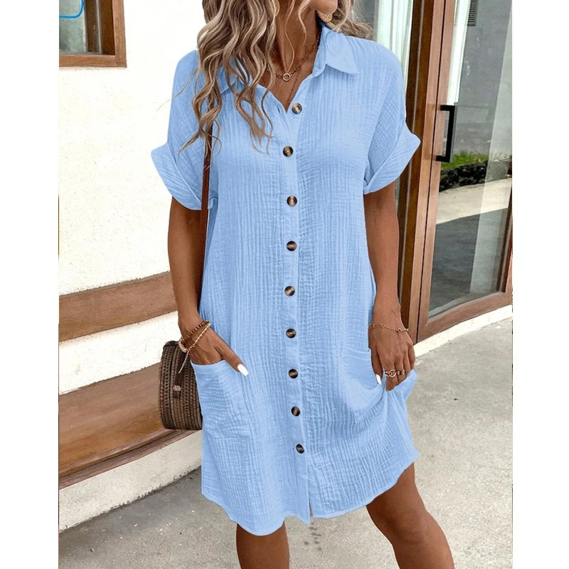 Women Shirt Dress Short Sleeve Loose Summer Casual Office Elegant Pockets