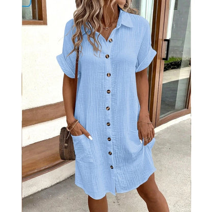 Women Shirt Dress Short Sleeve Loose Summer Casual Office Elegant Pockets