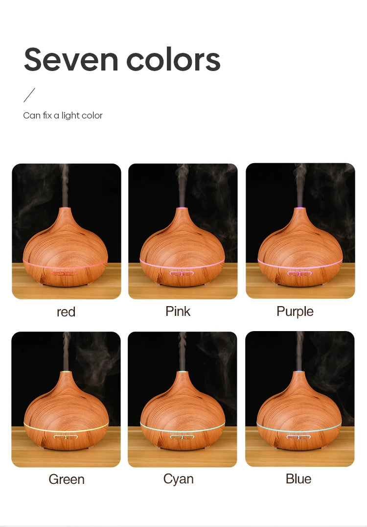 500ML Aromatherapy Essential Oil Diffuser – Wood Grain Design  Remote Control Ultrasonic Air Humidifier with 7-Color LED Light
