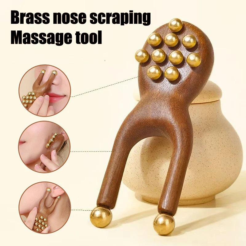 Wooden Nose Guasha Massage Tool Brass Bead Handheld Comb Antistatic For Face Nose Eye Relaxation Spot Meridians Acupoint