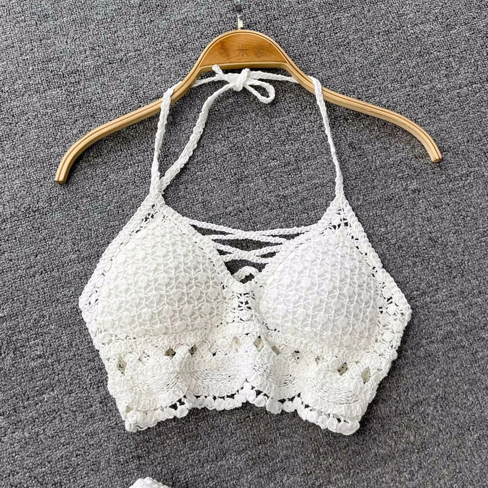 Women Crochet Two Piece Set Summer Y2K Beach Backless Cami Shorts