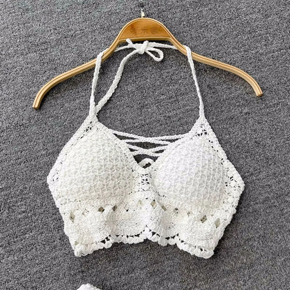Women Crochet Two Piece Set Summer Y2K Beach Backless Cami Shorts
