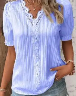 Women Lace V Neck Blouse Elegant Short Sleeve Summer Casual Office Top