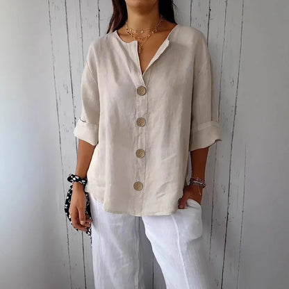 Women V Neck Button Shirt Cotton Linen Summer Loose Casual Office Top