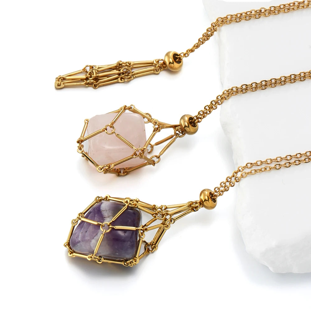 Adjustable Stainless Steel Crystal Cage Necklace Holder Pendant