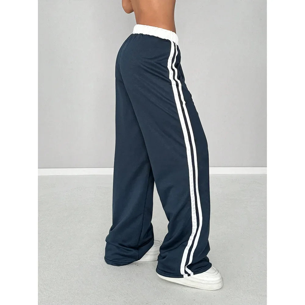 Women Striped Casual Pants Loose Tie Waist Color Block Street Style Plus Size