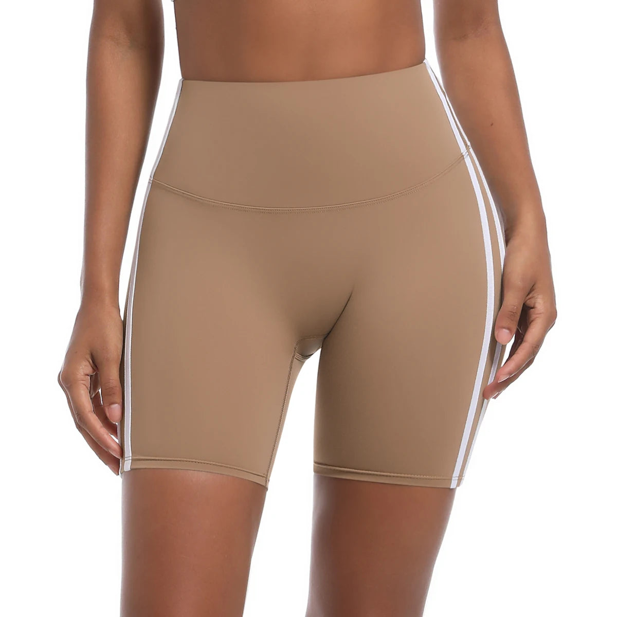 Women High Waist Yoga Shorts Double Stripe Gym Fitness Tummy Control Pants