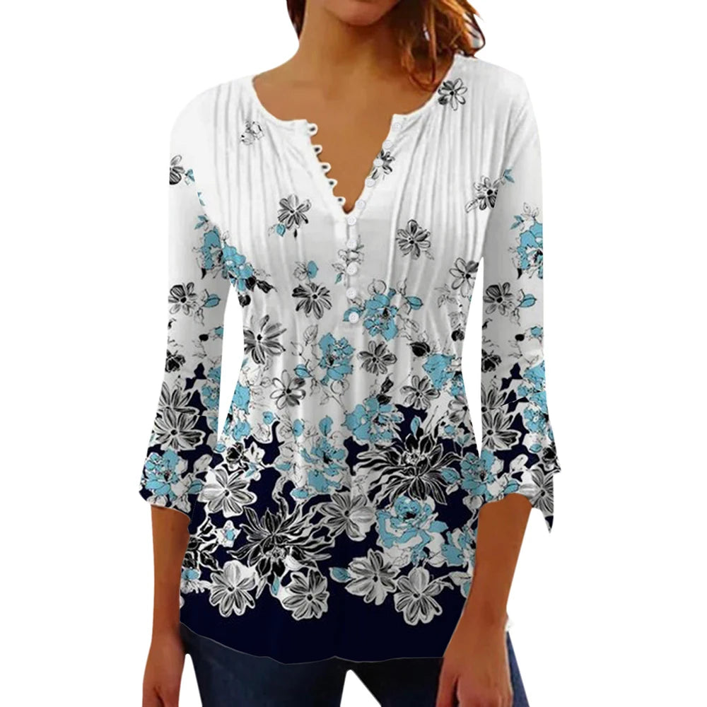 Women Floral V Neck T Shirt Summer Short Sleeve Casual Streetwear Top Holiday