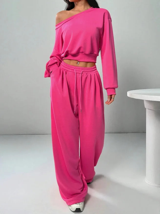 Casual Knitted Loose Long Sleeve Short Set for Women Solid Color Sweatshirt One Shoulder Street Style Polyester Fiber 2025 Au...