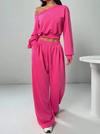 Casual Knitted Loose Long Sleeve Short Set for Women Solid Color Sweatshirt One Shoulder Street Style Polyester Fiber 2025 Au...