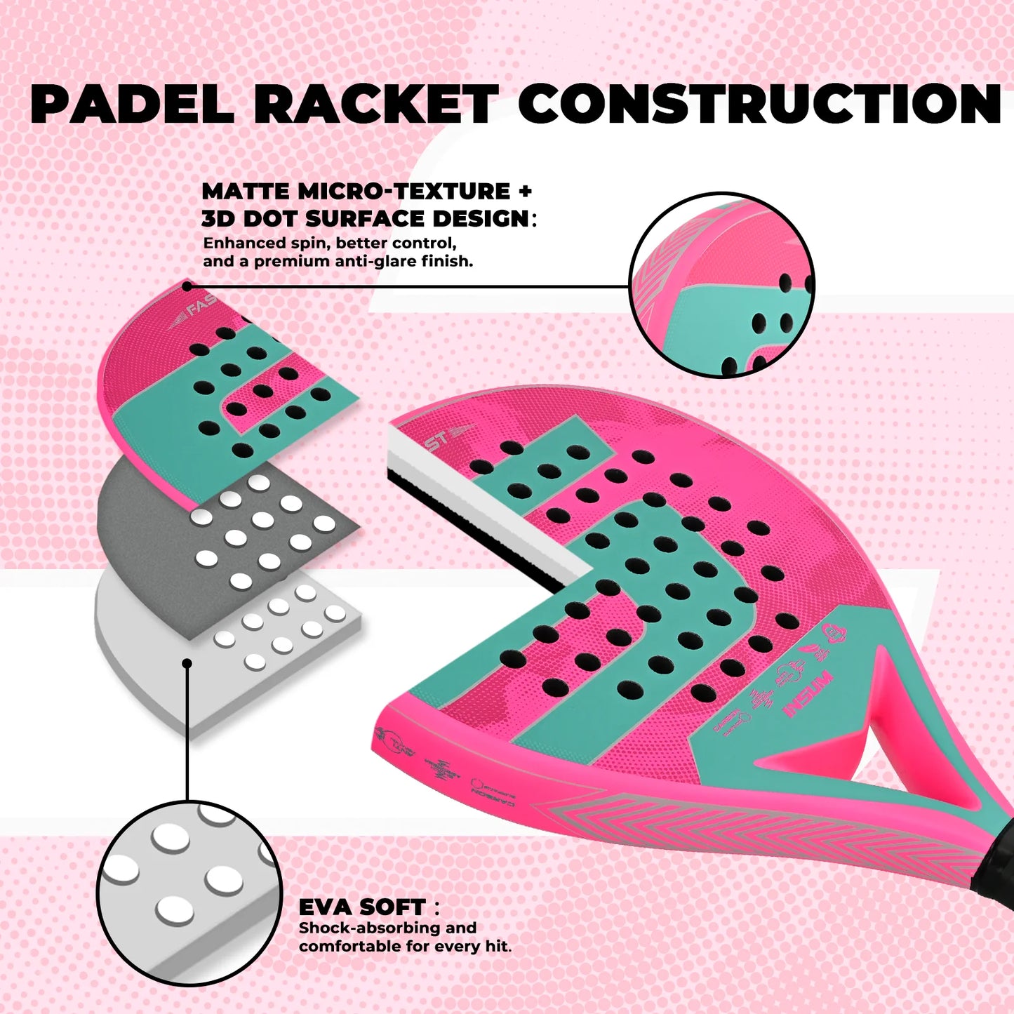 INSUM Carbon Fiber Padel Racket EVA Foam Core Lightweight Tennis Paddle