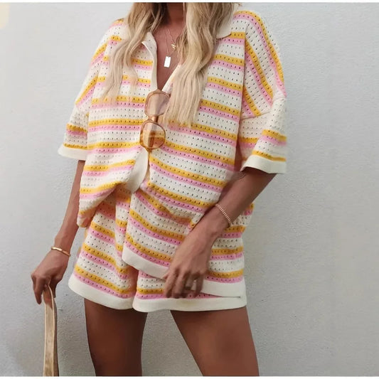 Womens Summer 2 Piece Set Knitted Cardigan Shorts Co Ord Outfit Casual