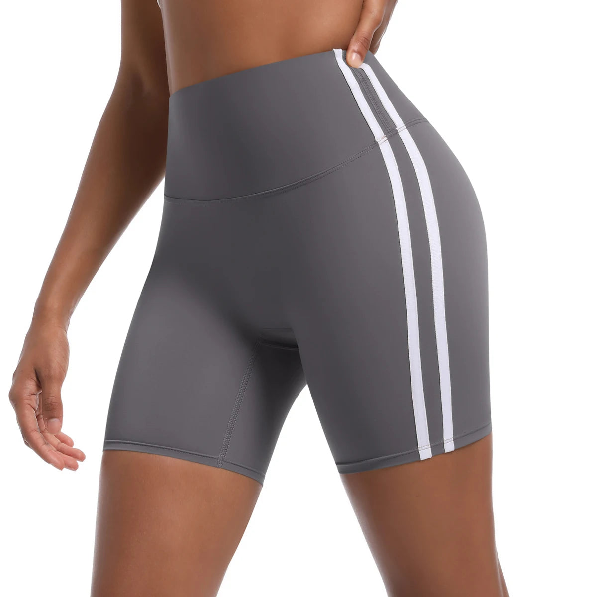 Women High Waist Yoga Shorts Double Stripe Gym Fitness Tummy Control Pants