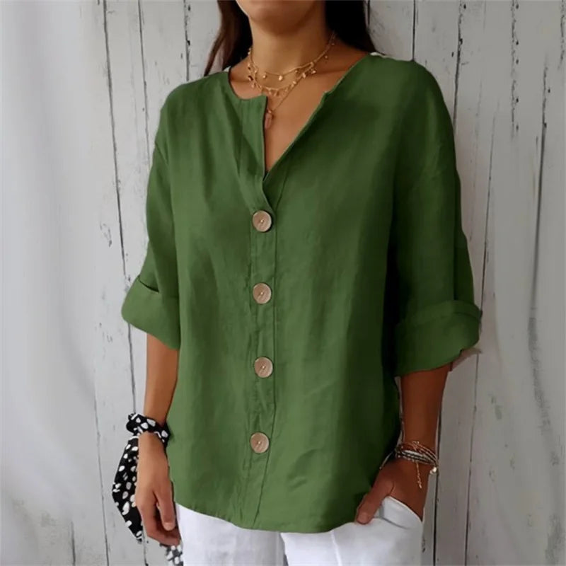 Women V Neck Button Shirt Cotton Linen Summer Loose Casual Office Top