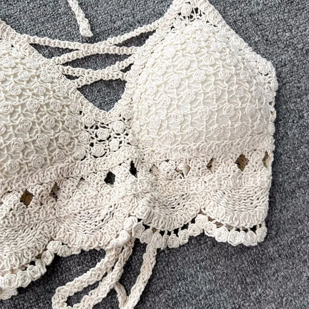 Women Crochet Two Piece Set Summer Y2K Beach Backless Cami Shorts