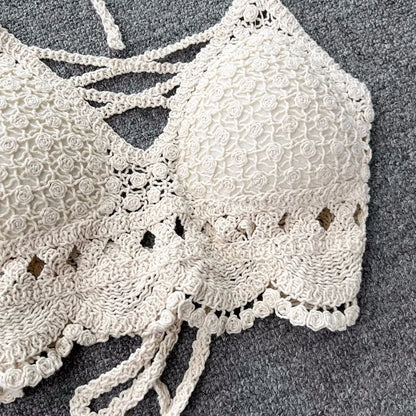Women Crochet Two Piece Set Summer Y2K Beach Backless Cami Shorts