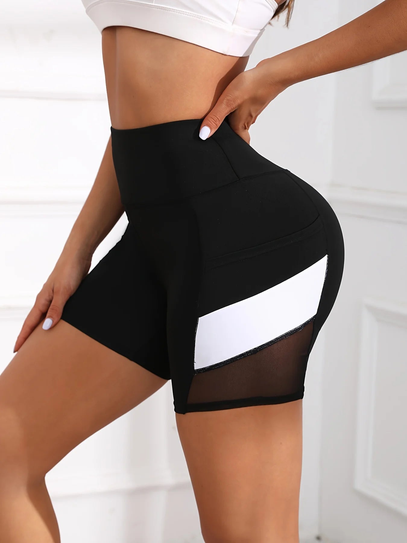 Women High Waist Yoga Shorts Mesh Tummy Control Gym Fitness Shorts Pockets