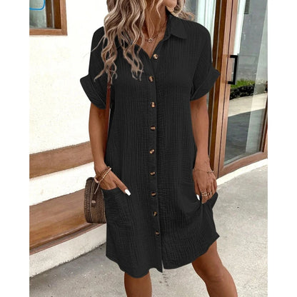 Women Shirt Dress Short Sleeve Loose Summer Casual Office Elegant Pockets