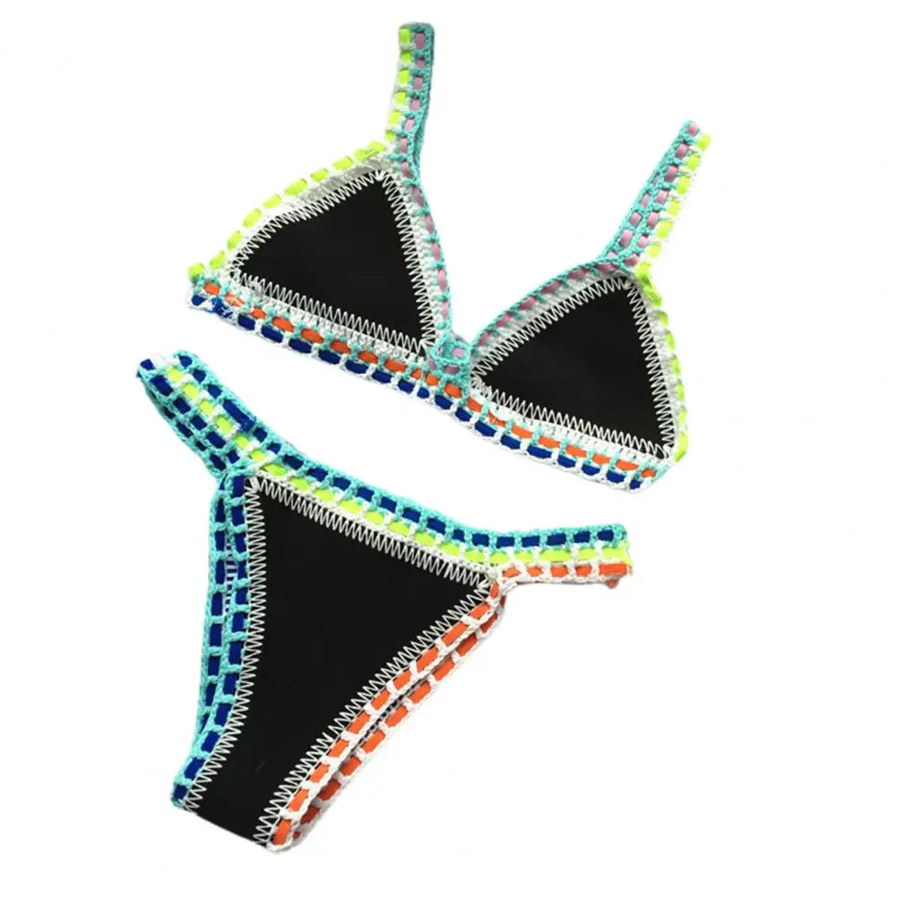 Women Bright Patchwork Crochet Bikini Set Handmade 2 Piece Summer Swimwear