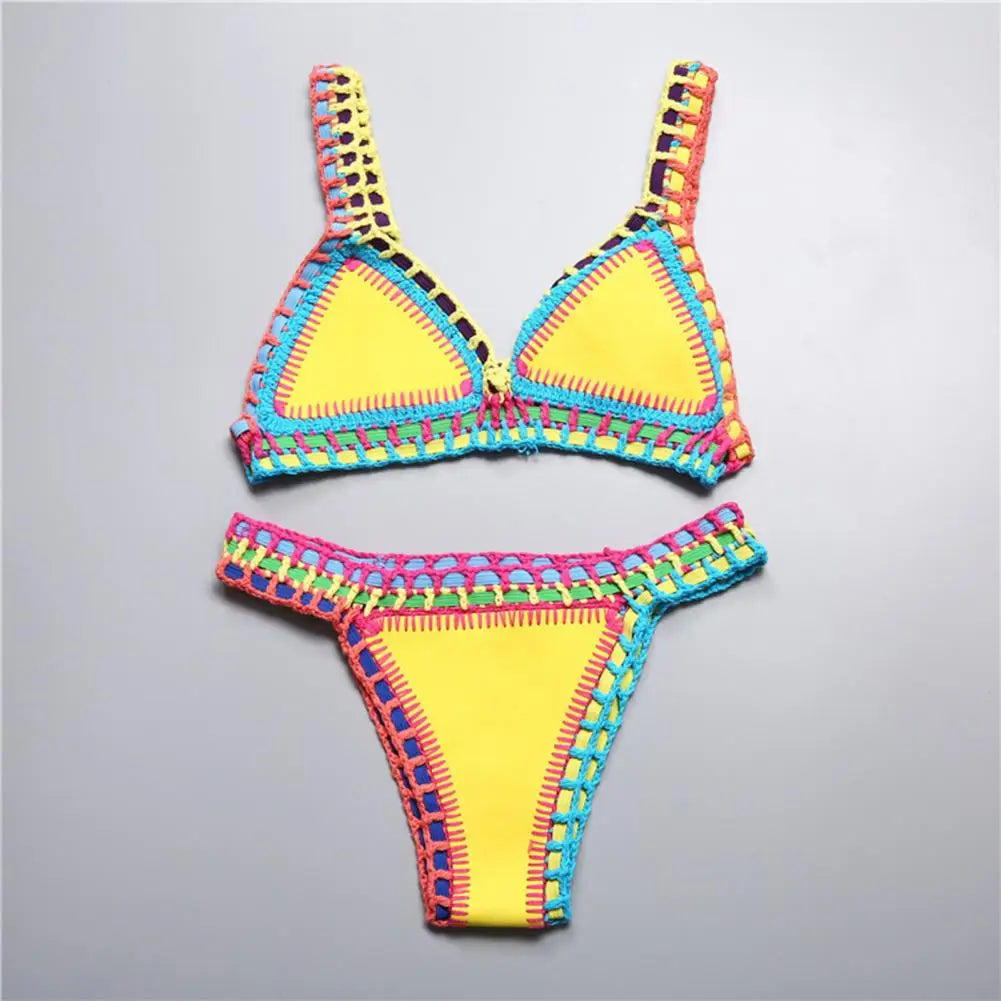 Women Bright Patchwork Crochet Bikini Set Handmade 2 Piece Summer Swimwear