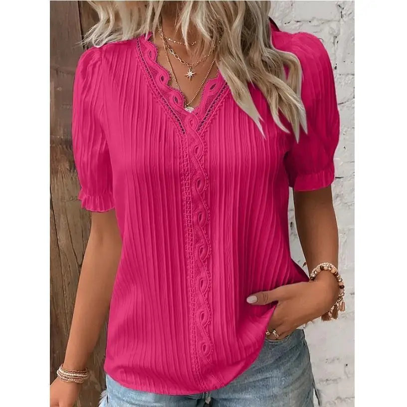 Women Lace V Neck Blouse Elegant Short Sleeve Summer Casual Office Top