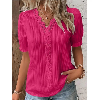 Women Lace V Neck Blouse Elegant Short Sleeve Summer Casual Office Top