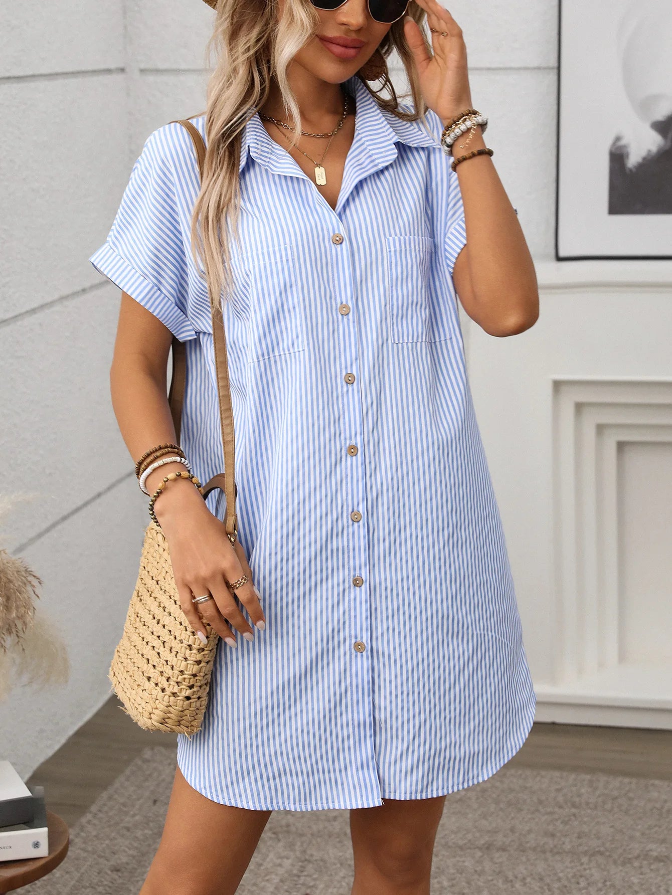 Womens Striped Shirt Dress Cotton Linen Midi Summer Casual Beach Dress