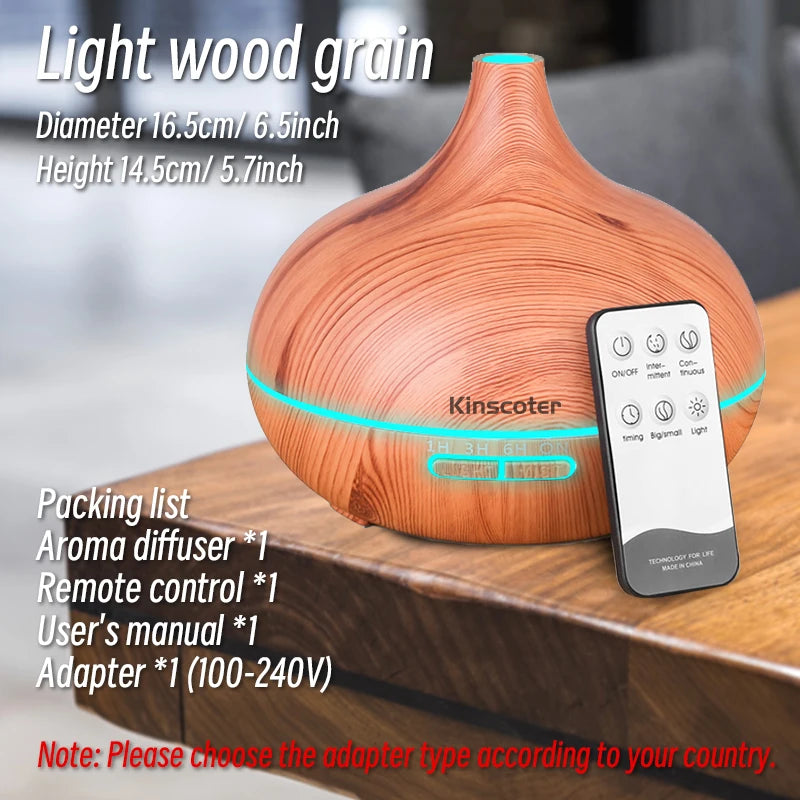 500ML Aromatherapy Essential Oil Diffuser – Wood Grain Design  Remote Control Ultrasonic Air Humidifier with 7-Color LED Light