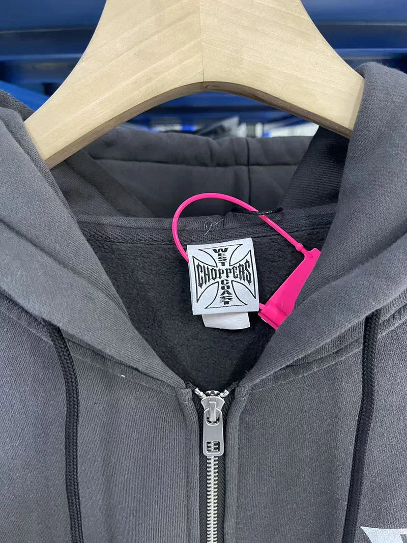 Womans Cross Logo Zipper Hoodie | Vintage Washed Black Oversized