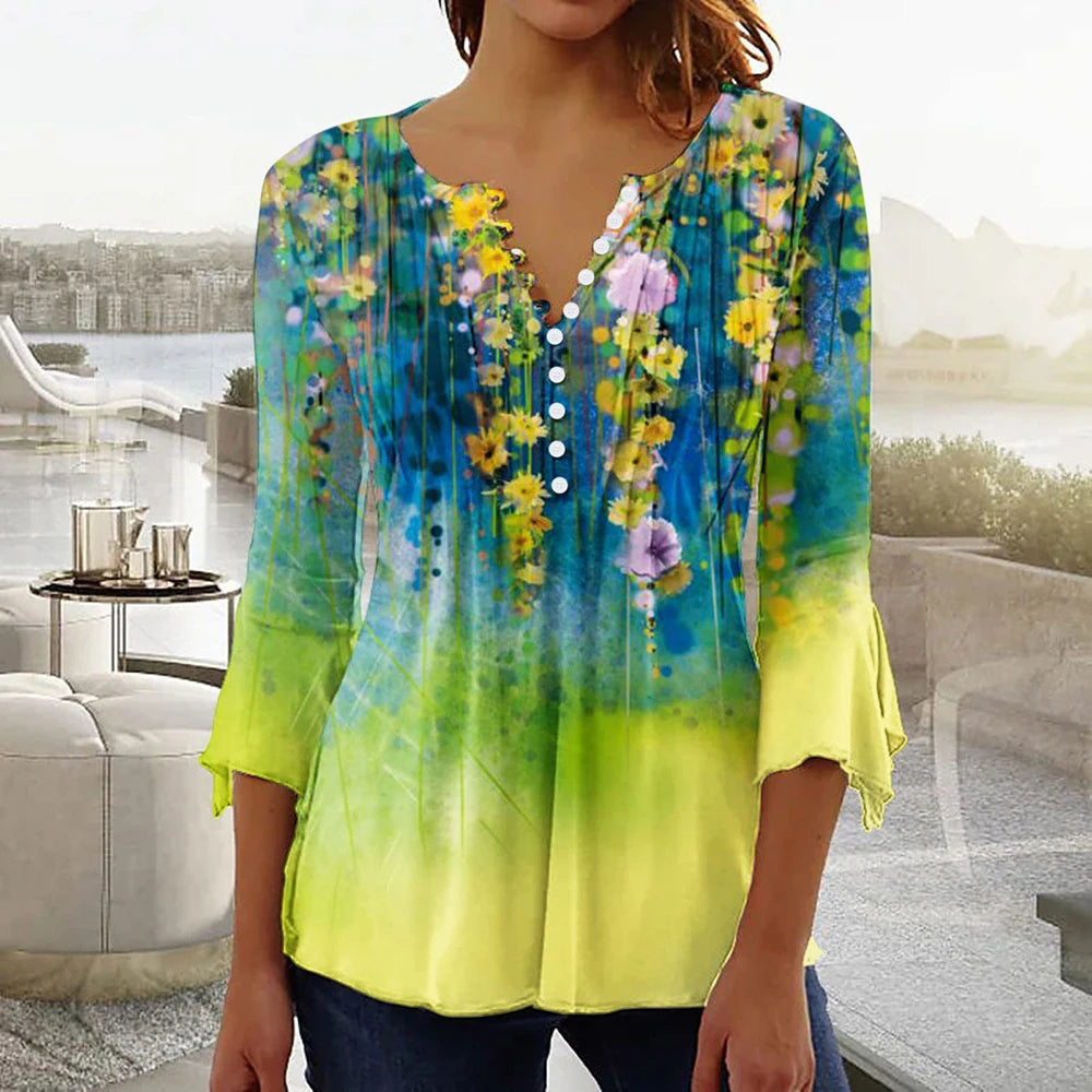 Women Floral V Neck T Shirt Summer Short Sleeve Casual Streetwear Top Holiday