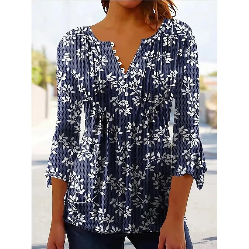 Women Floral V Neck T Shirt Summer Short Sleeve Casual Streetwear Top Holiday