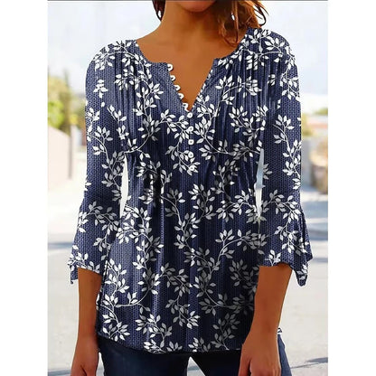 Women Floral V Neck T Shirt Summer Short Sleeve Casual Streetwear Top Holiday