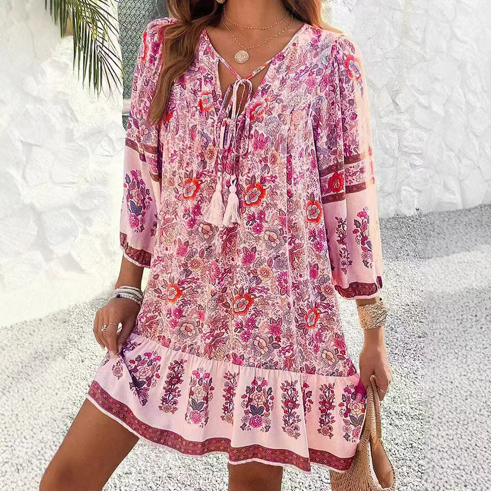 Casual Print Loose Dress – Effortless Vintage Boho Style