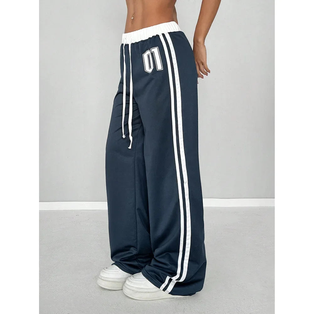 Women Striped Casual Pants Loose Tie Waist Color Block Street Style Plus Size