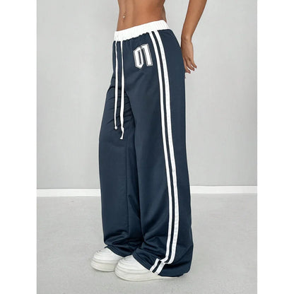 Women Striped Casual Pants Loose Tie Waist Color Block Street Style Plus Size