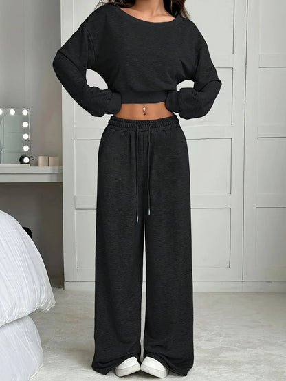 Casual Knitted Loose Long Sleeve Short Set for Women Solid Color Sweatshirt One Shoulder Street Style Polyester Fiber 2025 Au...