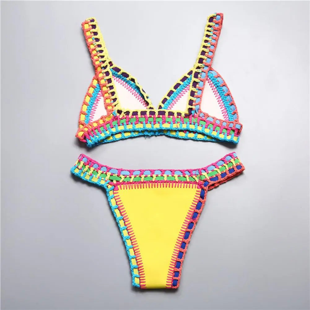 Women Bright Patchwork Crochet Bikini Set Handmade 2 Piece Summer Swimwear