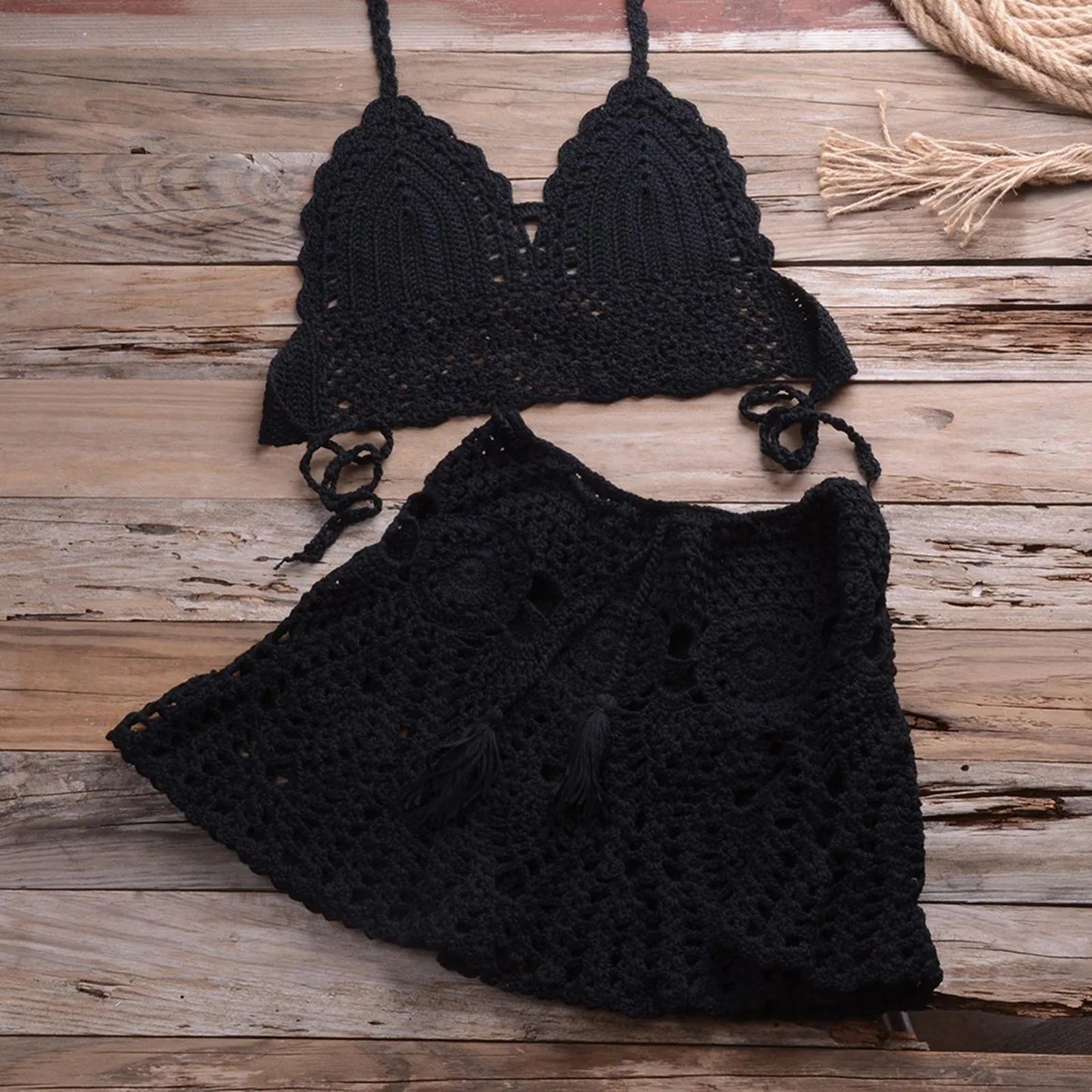 Boho Crochet Bikini Set Women Hollow Out Halter Summer Beachwear