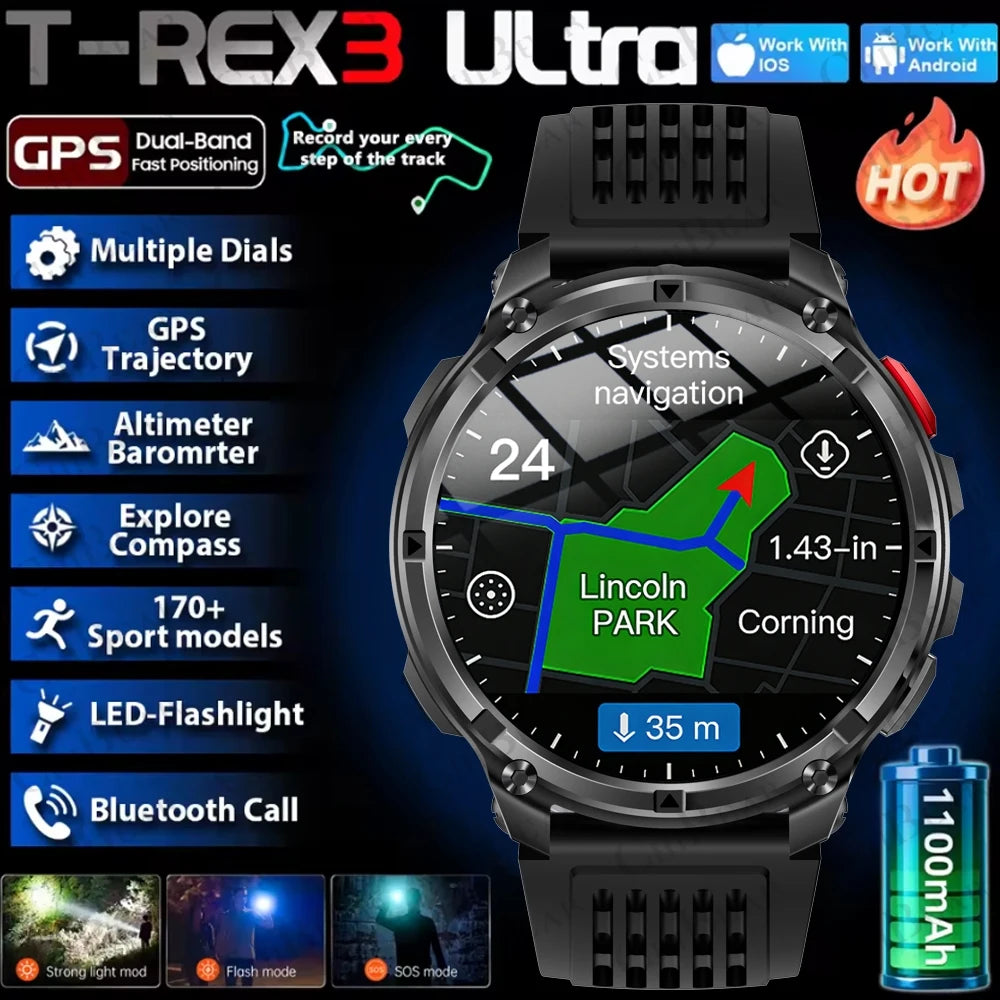 2026 T-Rex3 Pro Smart Watch 1100mAh GPS 5ATM Military Sports Compass Run