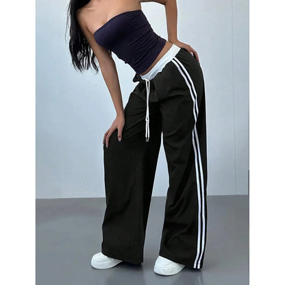Women Striped Casual Pants Loose Tie Waist Color Block Street Style Plus Size