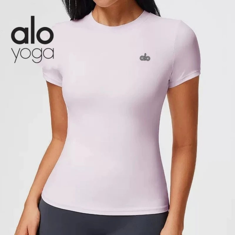 ALO YOGA Women's Yoga Clothing for Pilates Fitness Training Short-Sleeved Low-Cut Tight-Fitting Quick-Drying Running and Sports