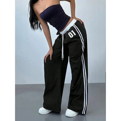 Women Striped Casual Pants Loose Tie Waist Color Block Street Style Plus Size
