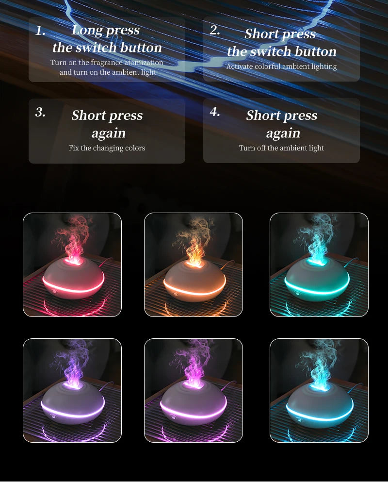 200ML Aroma Diffuser Essential Oil Lamp – Portable USB Design  Air Humidifier with Color Flame Night Light